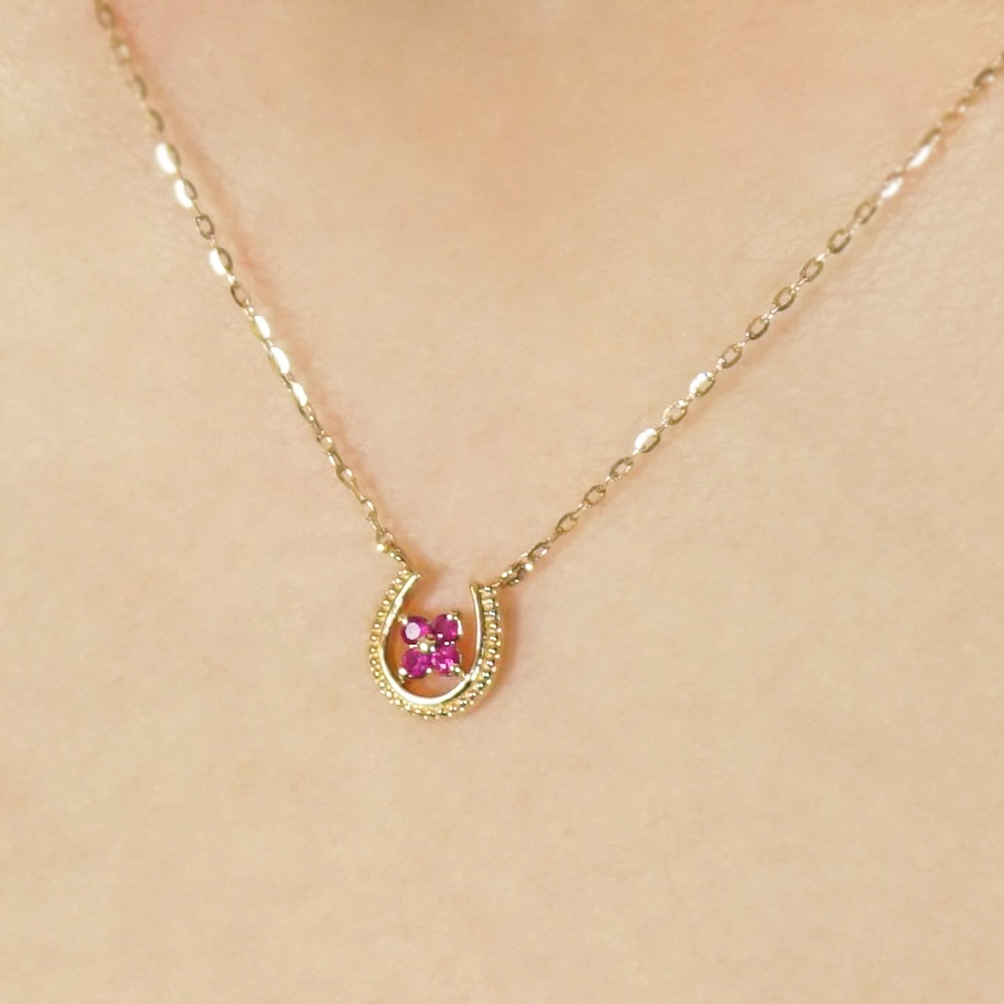 10K Ruby Double Happiness Necklace (Small) (Yellow Gold) - Model Image