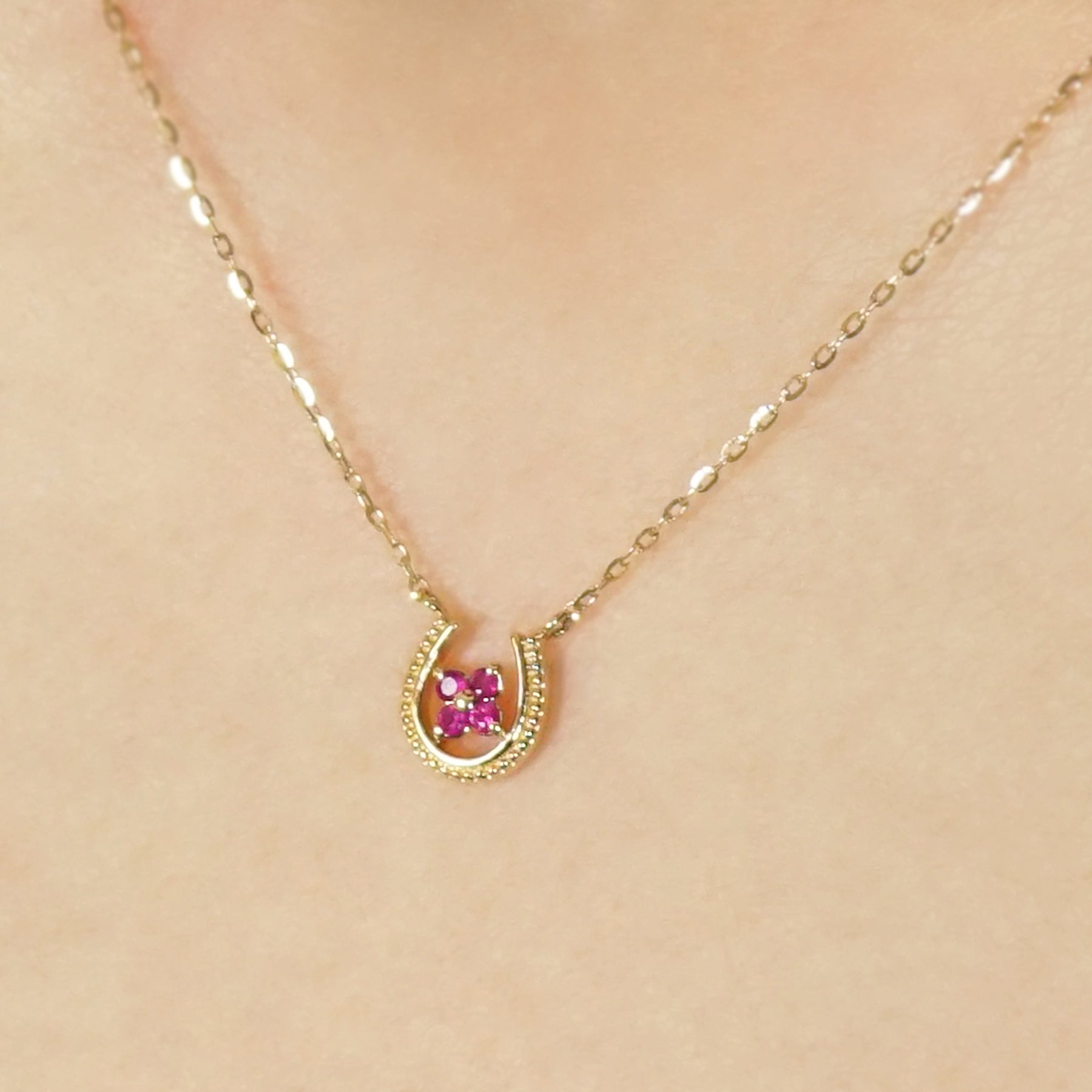 10K Ruby Double Happiness Necklace (Small) (Yellow Gold) - Model Image