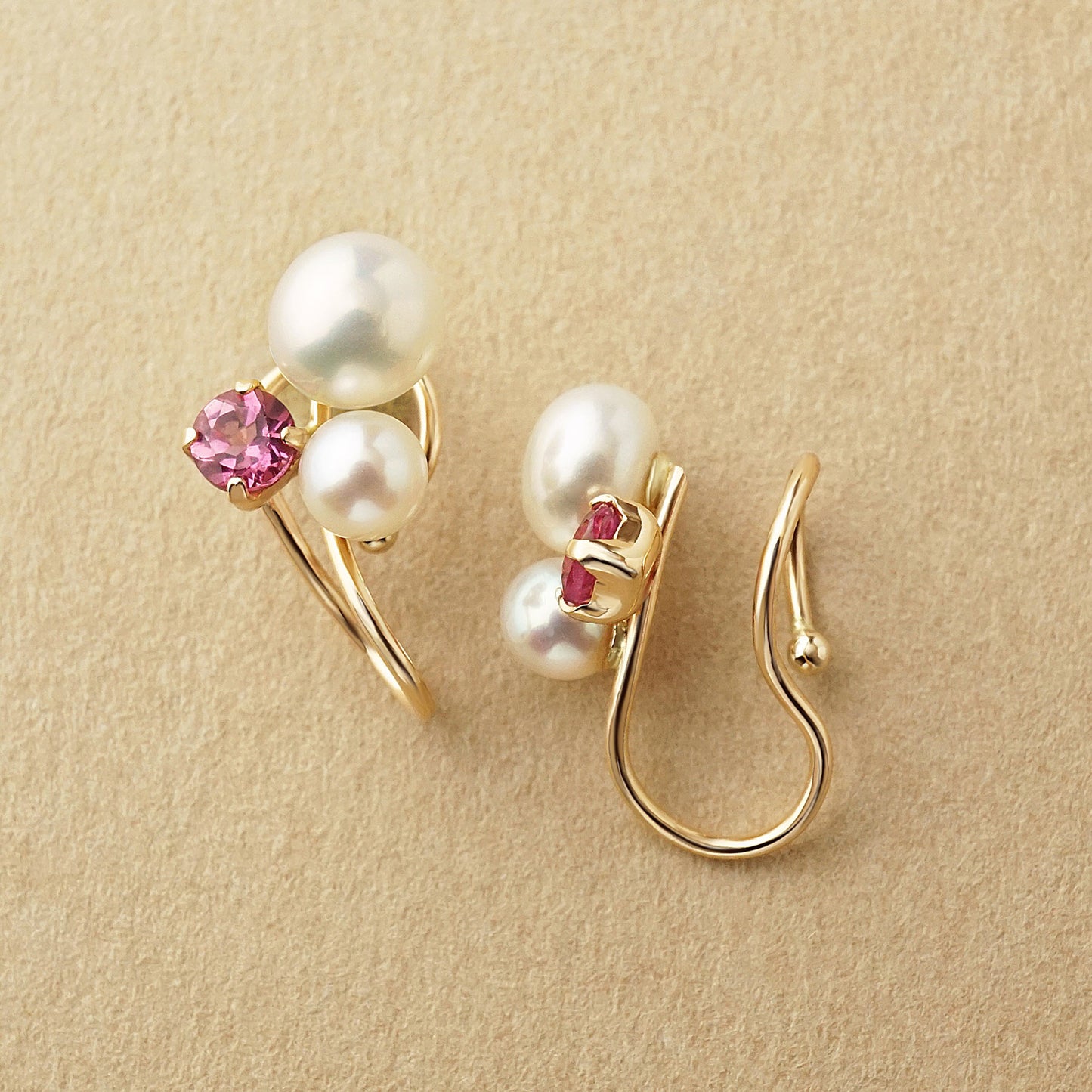 [Airy Clip-On Earrings] Freshwater Pearl Pink Tourmaline Earrings (Yellow Gold) - Product Image