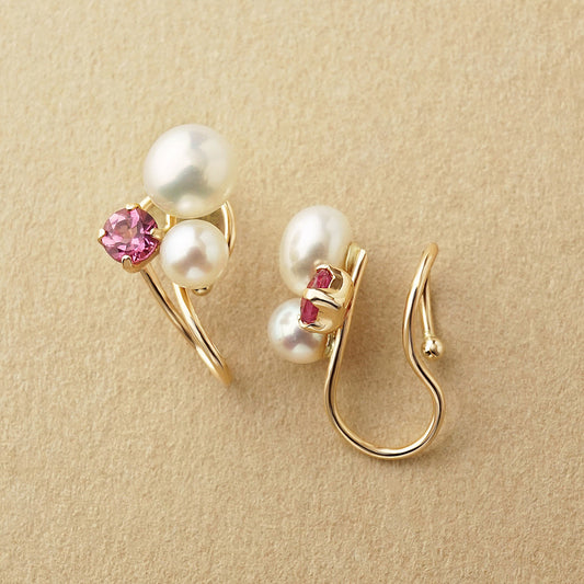 [Airy Clip-On Earrings] Freshwater Pearl Pink Tourmaline Earrings (Yellow Gold) - Product Image