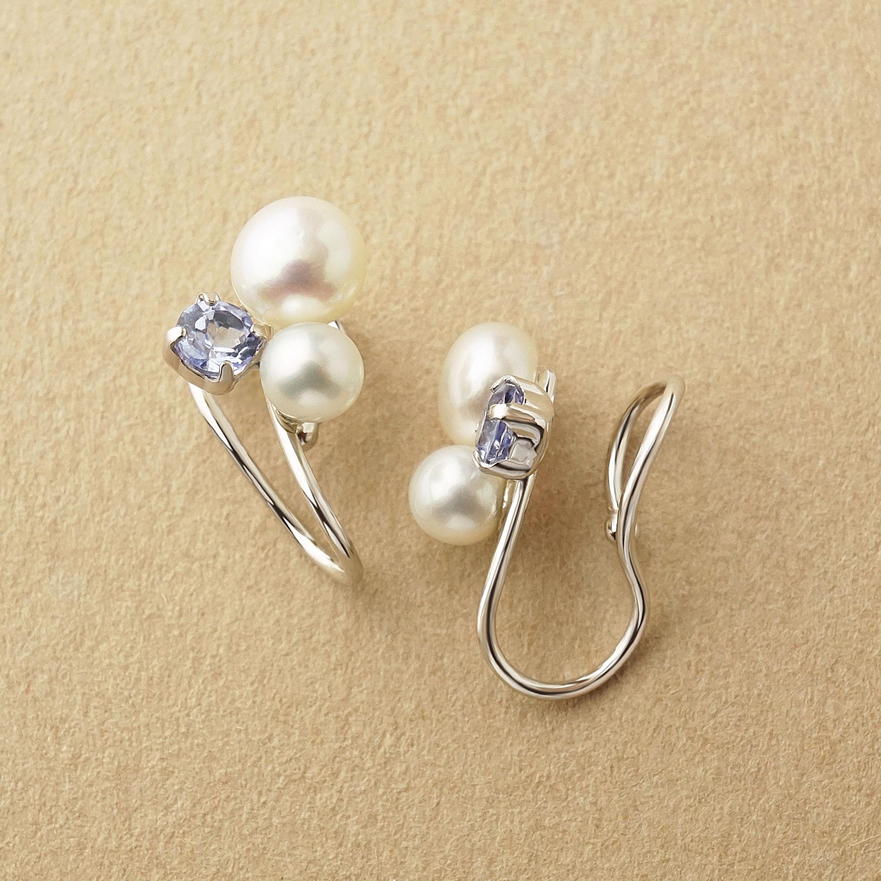 [Airy Clip-On Earrings] Freshwater Pearl Tanzanite Earrings (White Gold) - Product Image