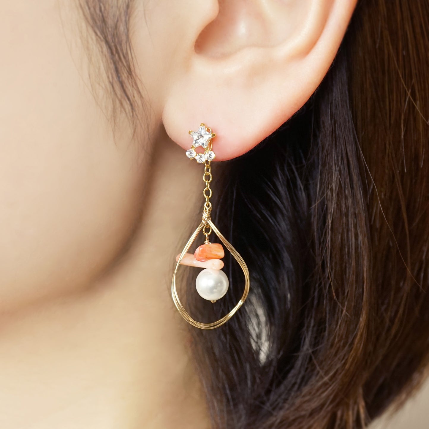 10K / 925 Sterling Silver / Gold Filled Coral Earrings [Pink Sand] - Model Image