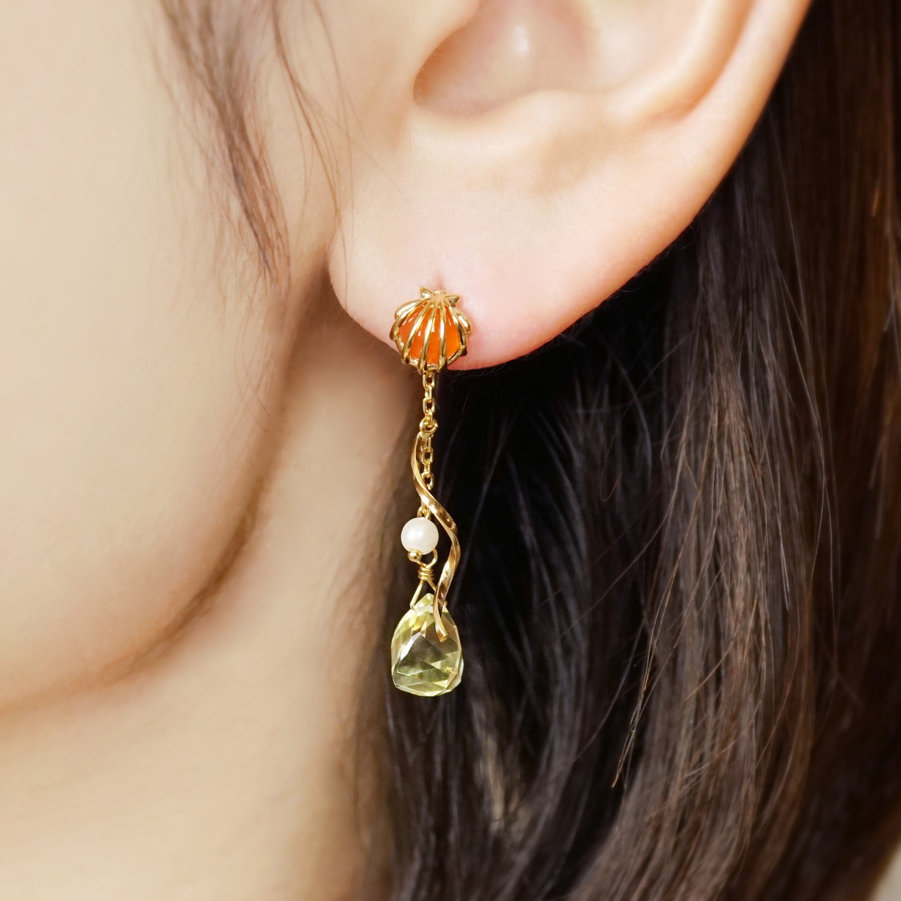 10K / 925 Sterling Silver Carnelian Earrings [Last Light Shell] - Model Image