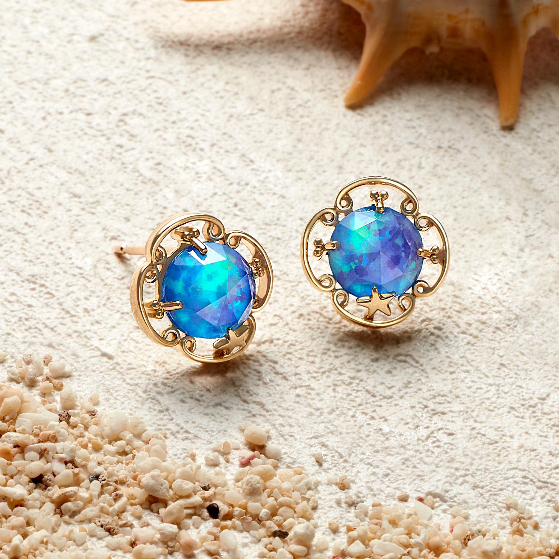 10K Kyoto Opal x White Quartz Earrings [Cove] (Yellow Gold) - Product Image