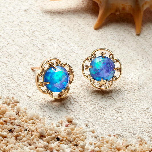10K Kyoto Opal x White Quartz Earrings [Cove] (Yellow Gold) - Product Image