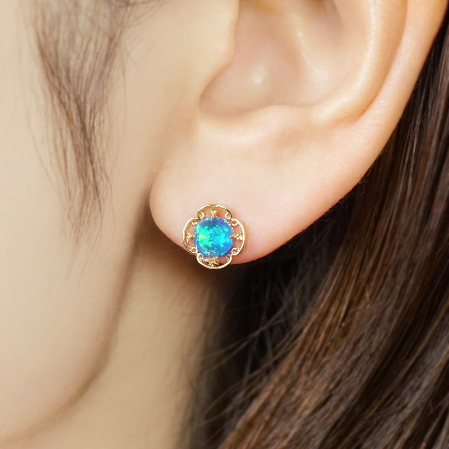 10K Kyoto Opal x White Quartz Earrings [Cove] (Yellow Gold) - Model Image