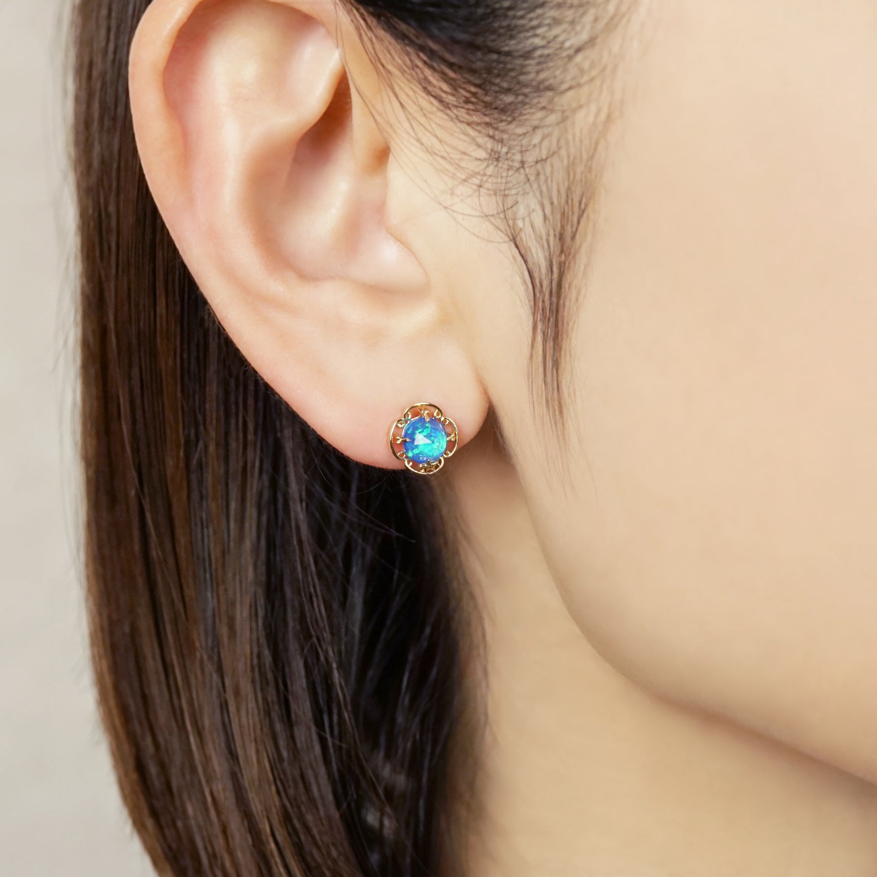 10K Kyoto Opal x White Quartz Earrings [Cove] (Yellow Gold) - Model Image