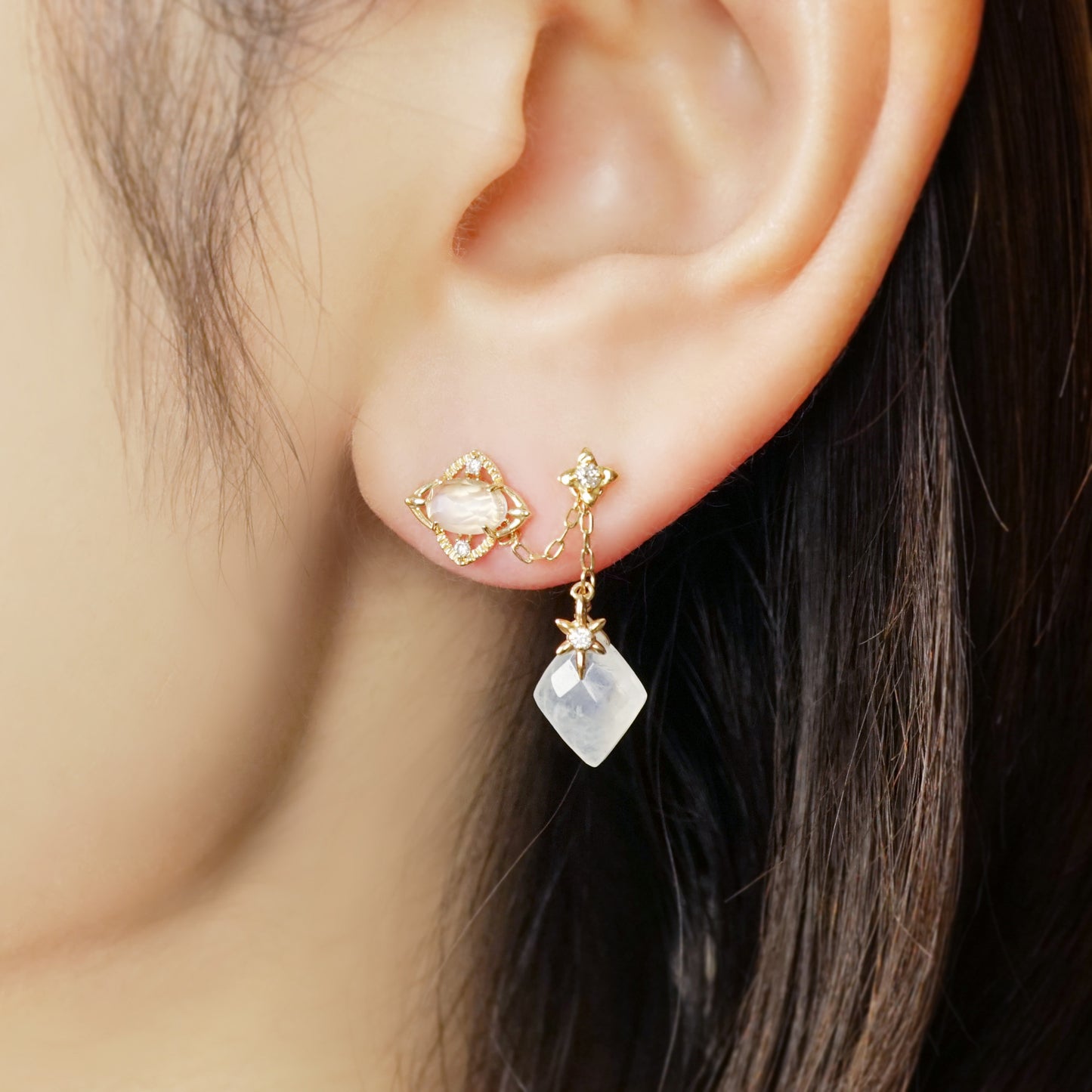 10K Moonstone Earrings [Sandy Beach] (Yellow Gold) - Model Image