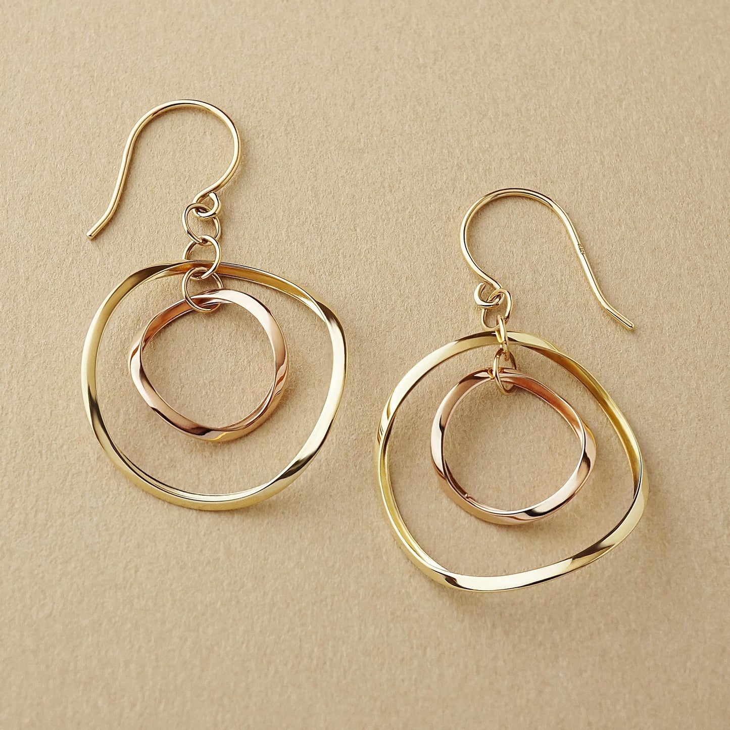 10K Twin Circle Swinging Earrings (Yellow Gold / Rose Gold) - Product Image