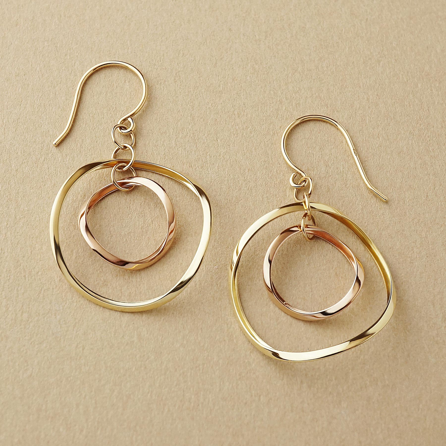 10K Twin Circle Swinging Earrings (Yellow Gold / Rose Gold) - Product Image