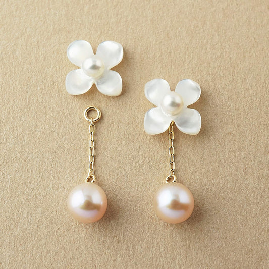 10K Shell Flower Freshwater Pearl 2WAY Earrings (Yellow Gold) - Product Image
