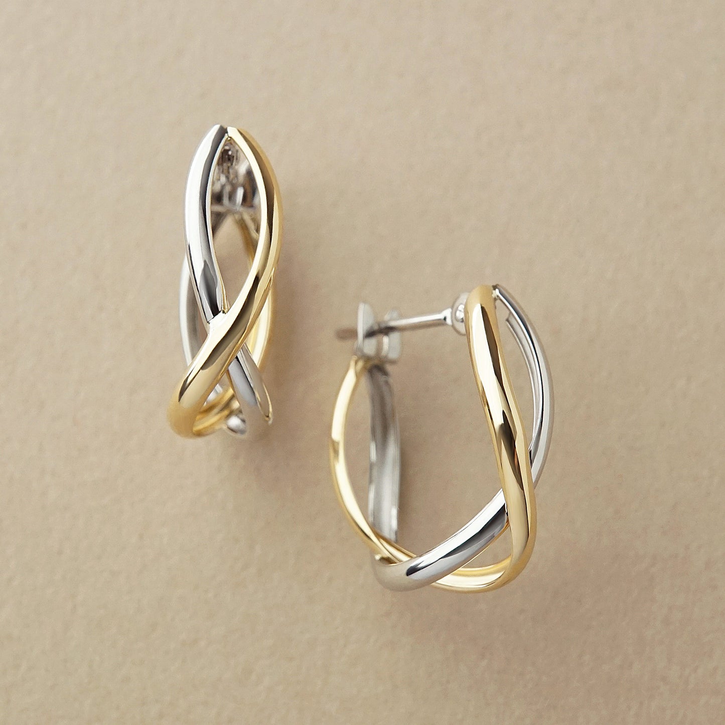 18K Yellow Gold / Platinum Cross Hoop Earrings M - Product Image