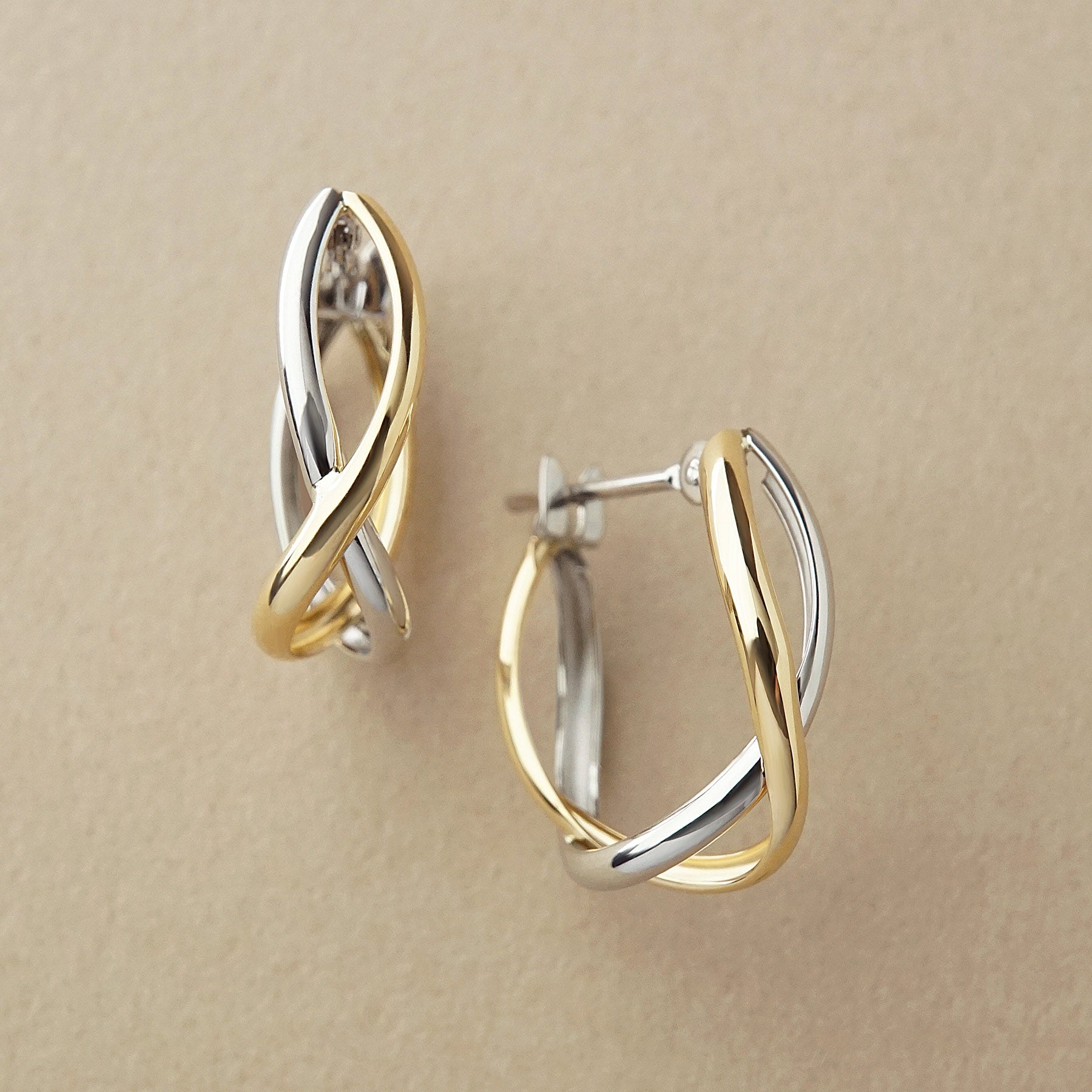 18K Yellow Gold / Platinum Cross Hoop Earrings M - Product Image