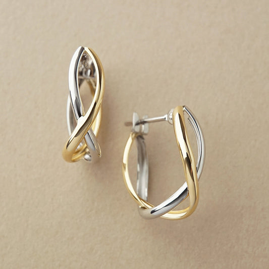 18K Yellow Gold / Platinum Cross Hoop Earrings M - Product Image
