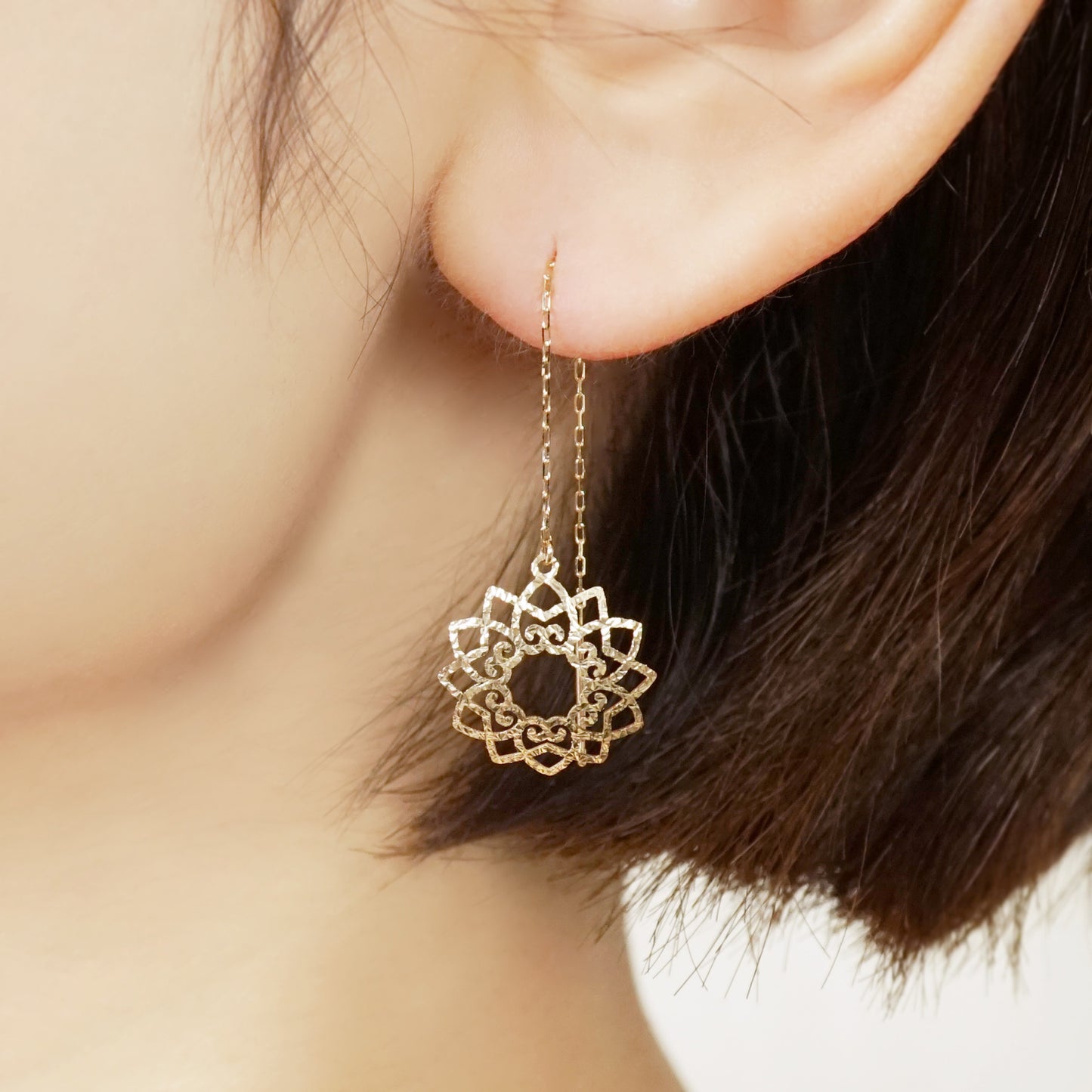 10K Openwork Heart Wreath Threader Earrings (Yellow Gold) - Model Image