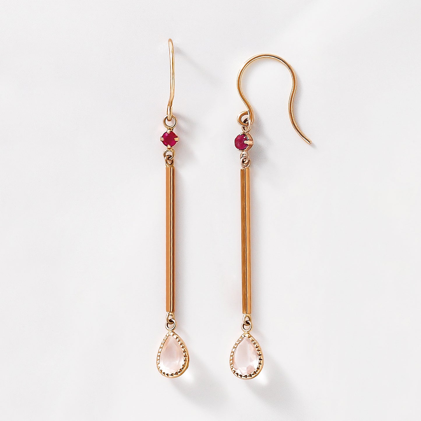 18K/10K Ruby Pillar & Dew Drop Earrings (Rose Gold) - Product Image