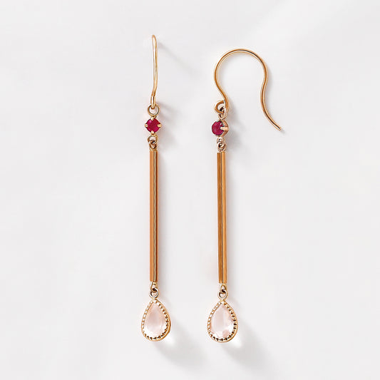 18K/10K Ruby Pillar & Dew Drop Earrings (Rose Gold) - Product Image