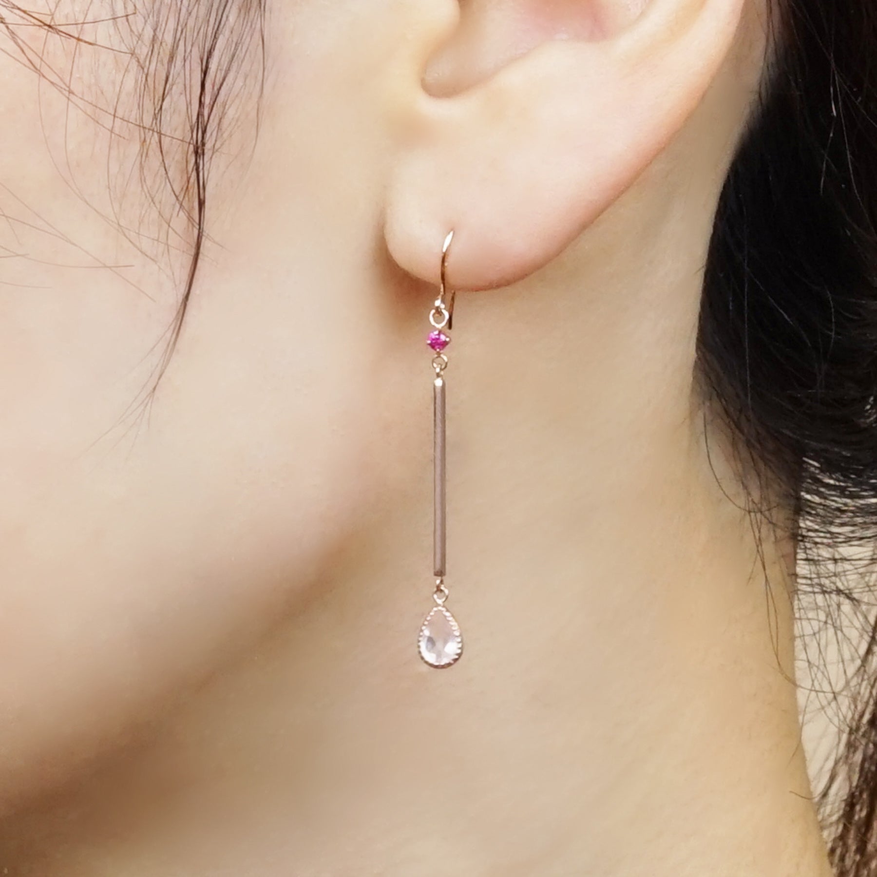 18K/10K Ruby Pillar & Dew Drop Earrings (Rose Gold) - Model Image