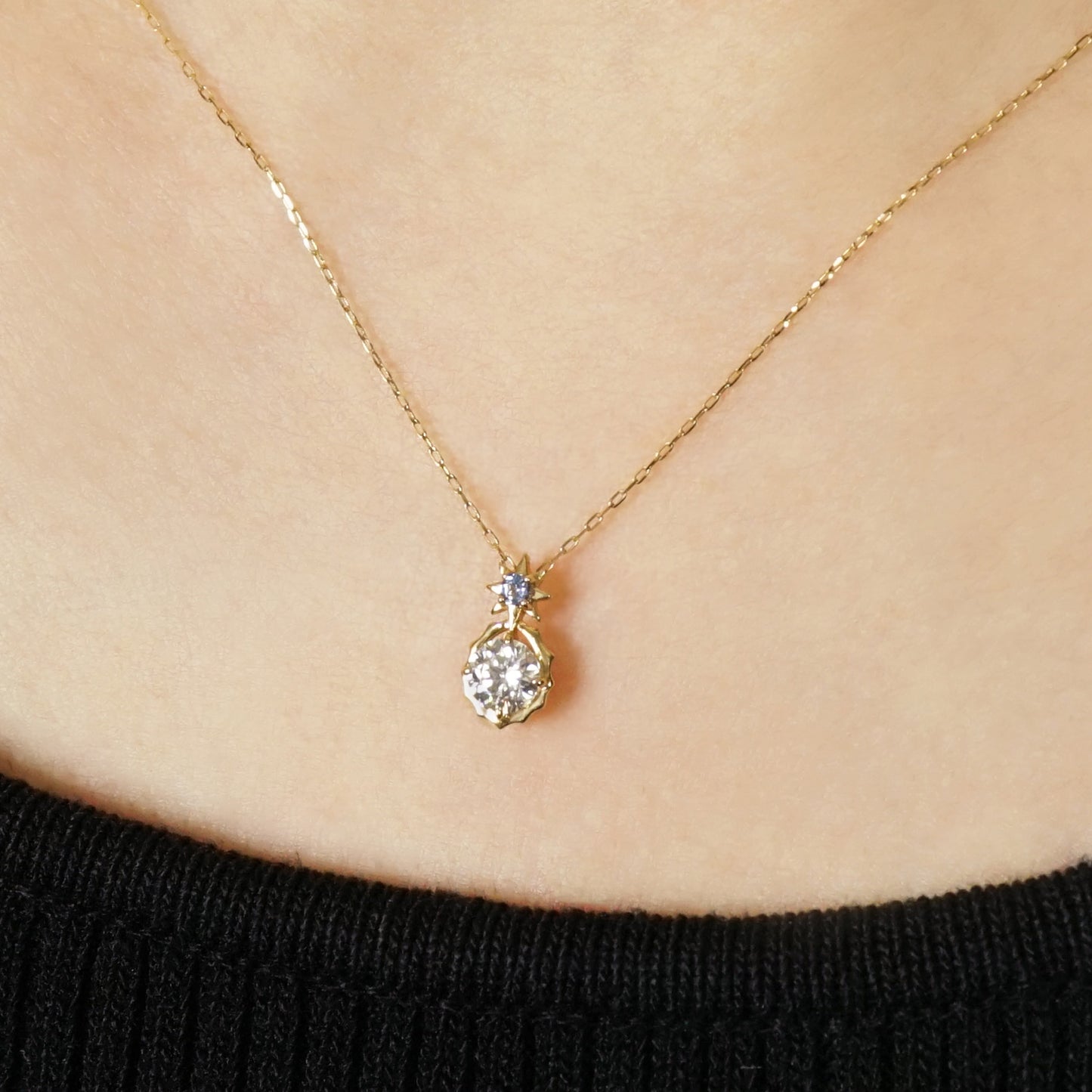 10K Sirius Moissanite Necklace (Yellow Gold) - Model Image