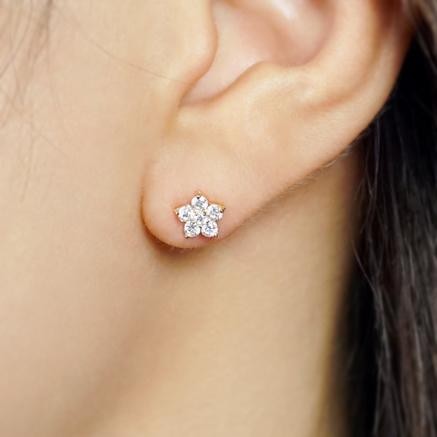 18K/10K Star Moissanite Earrings (Yellow Gold) - Model Image