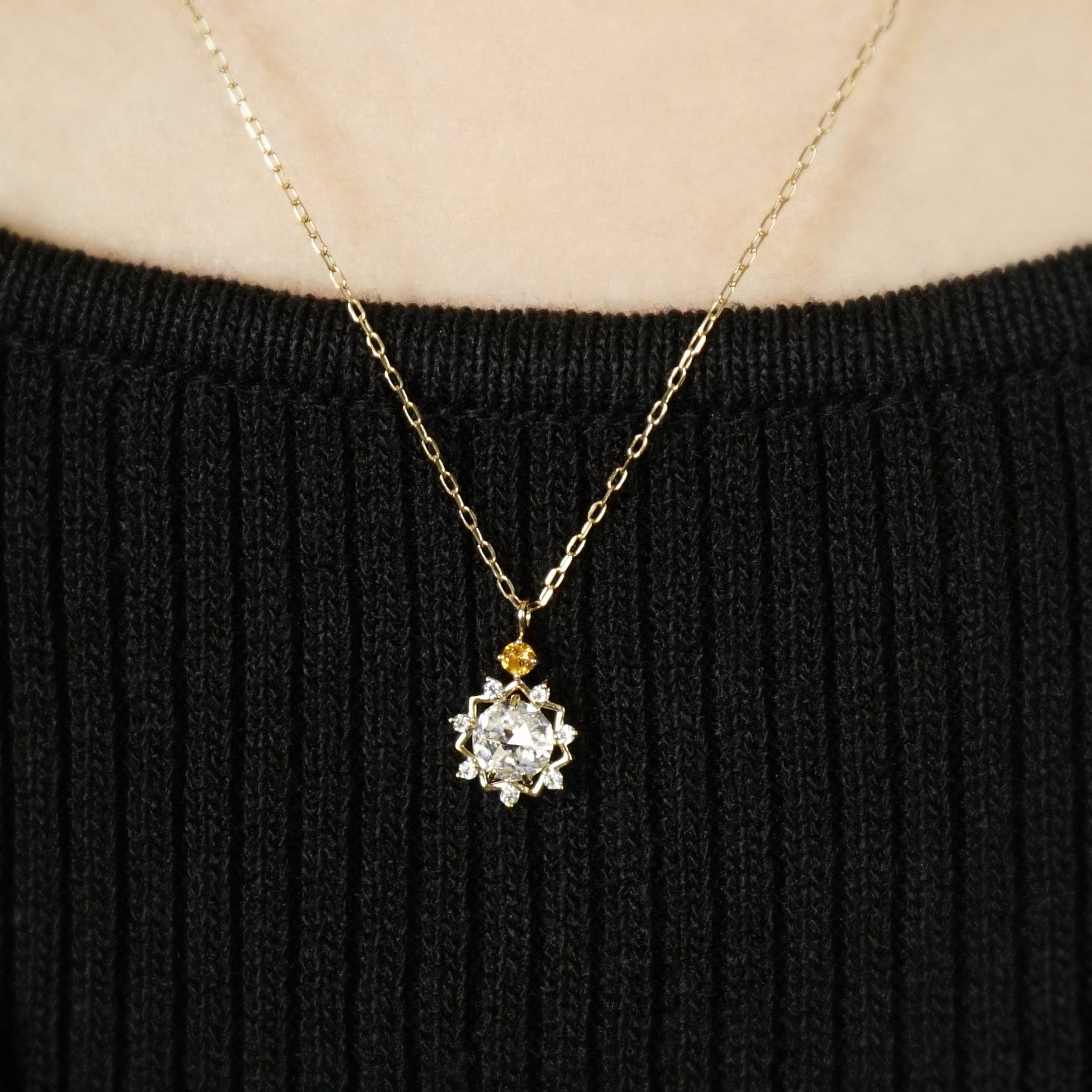 10K Sun Moissanite Necklace (Yellow Gold) - Model Image