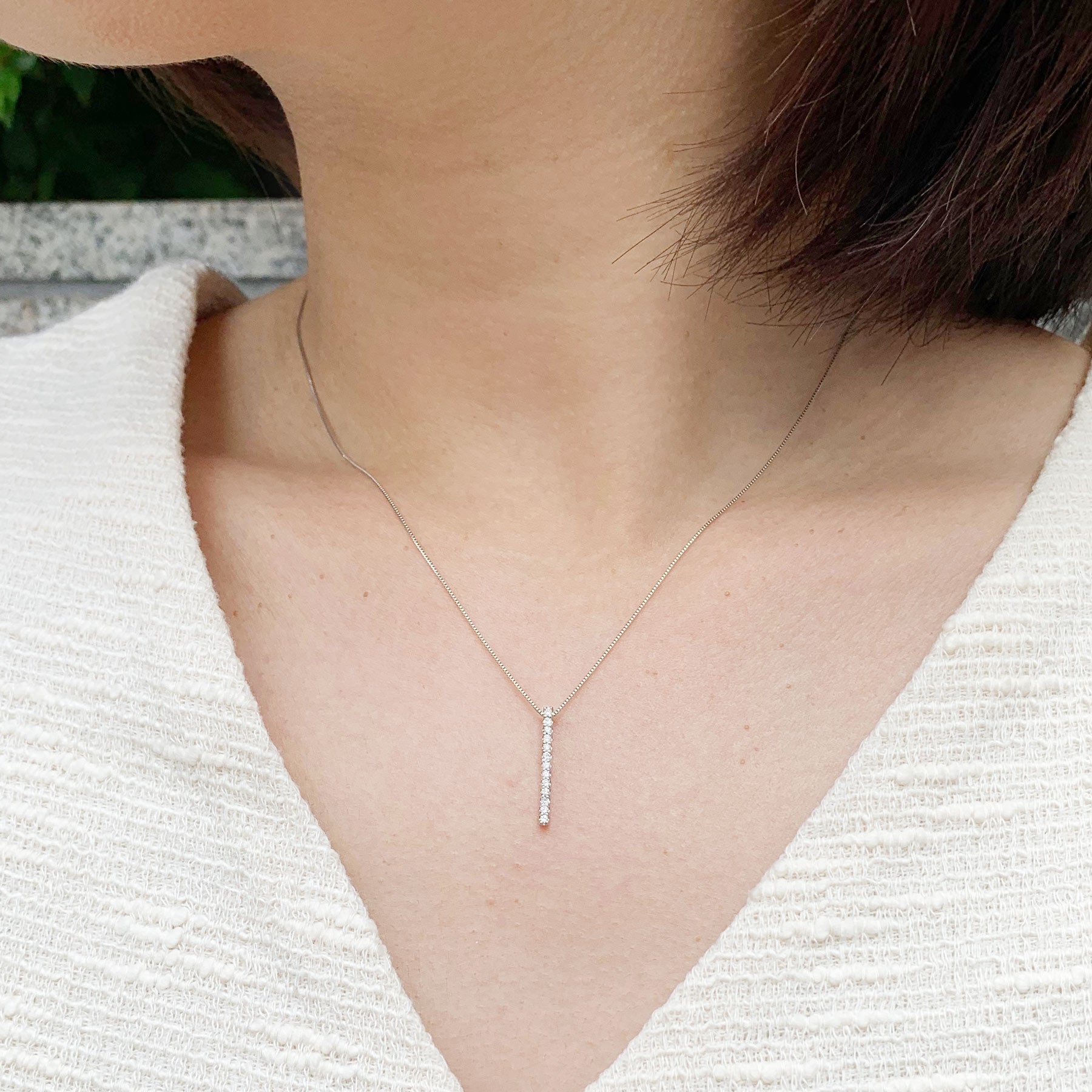 Platinum Diamond Straight Line Necklace - Model Image