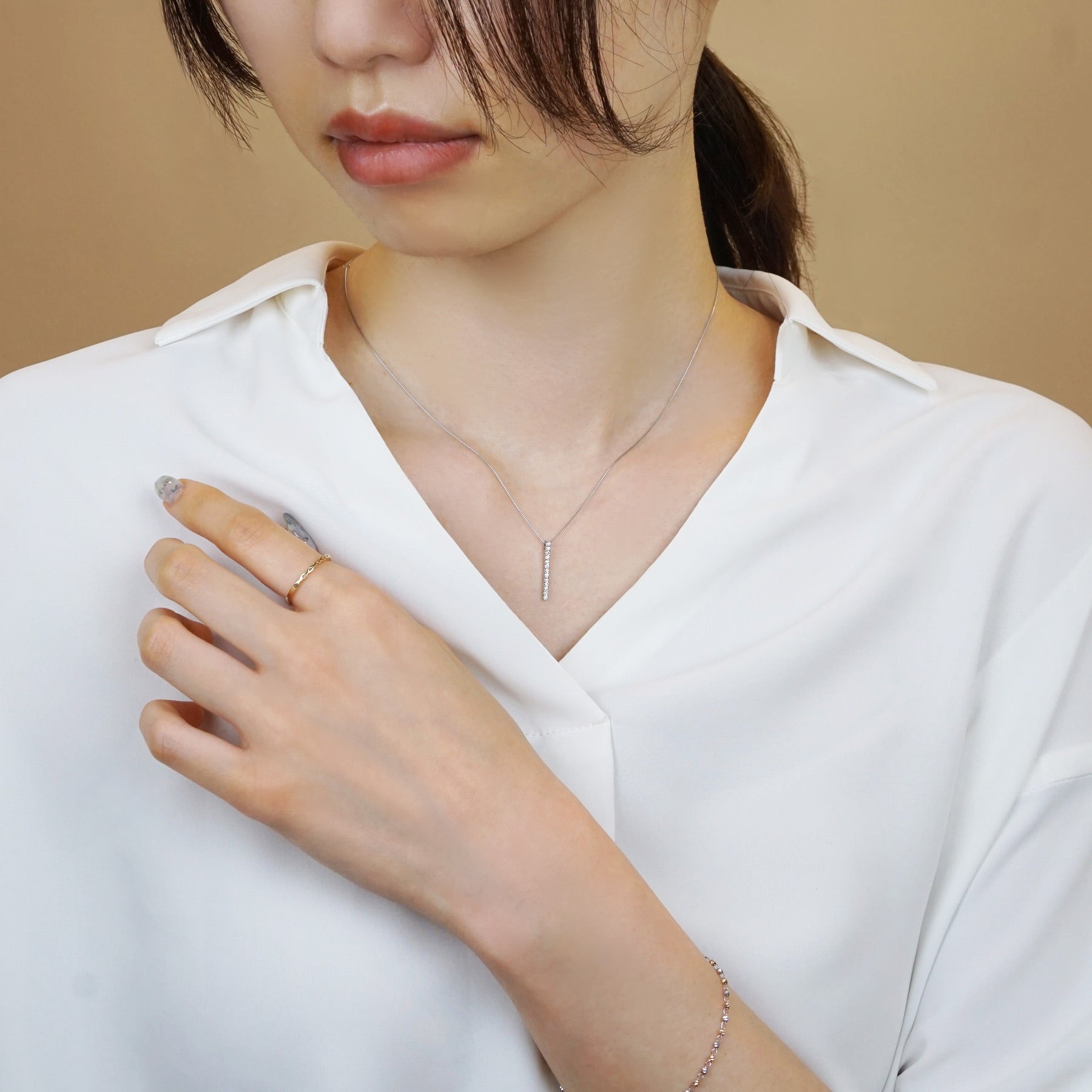 Platinum Diamond Straight Line Necklace - Model Image