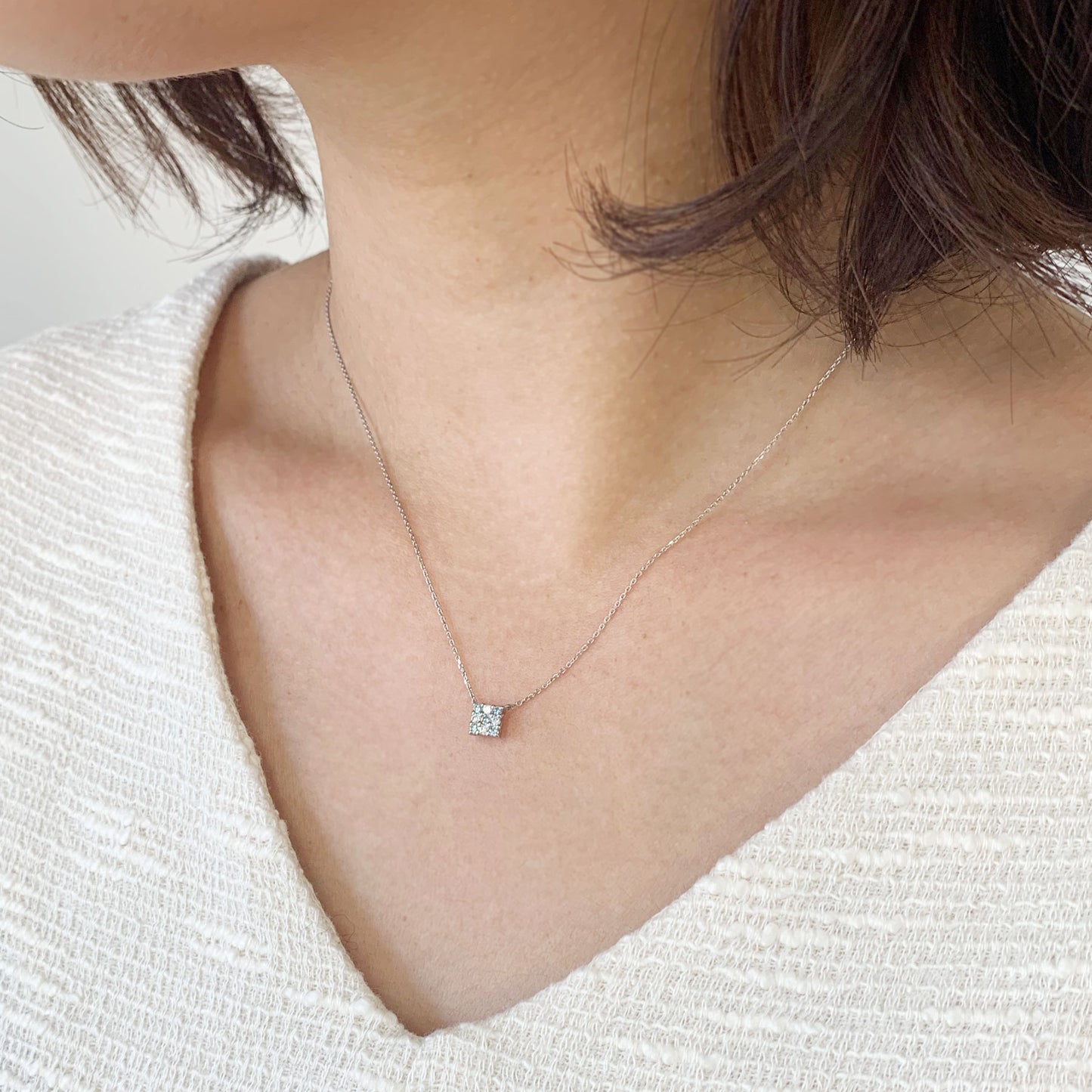 Platinum Diamond Square Necklace - Model Image