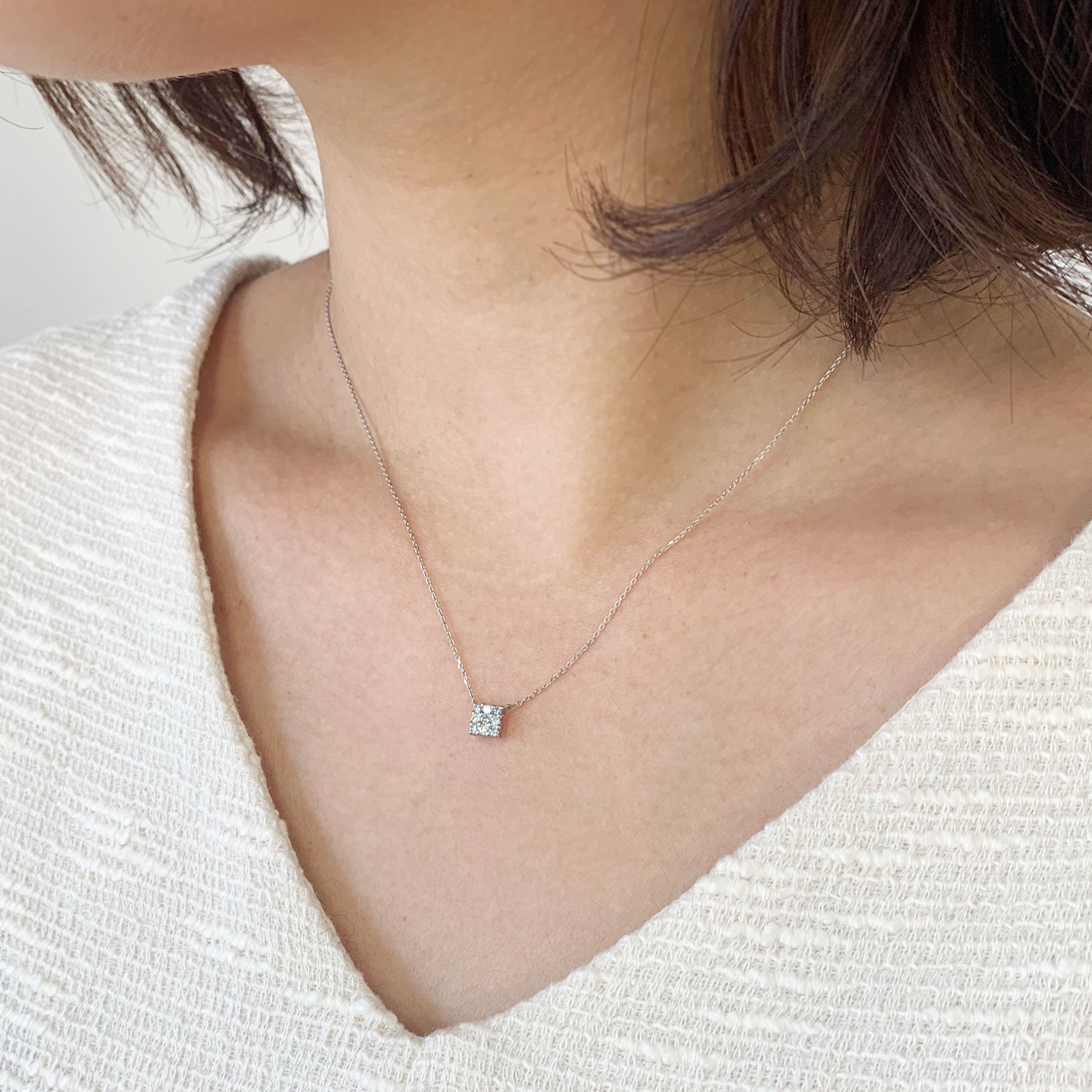 Platinum Diamond Square Necklace - Model Image