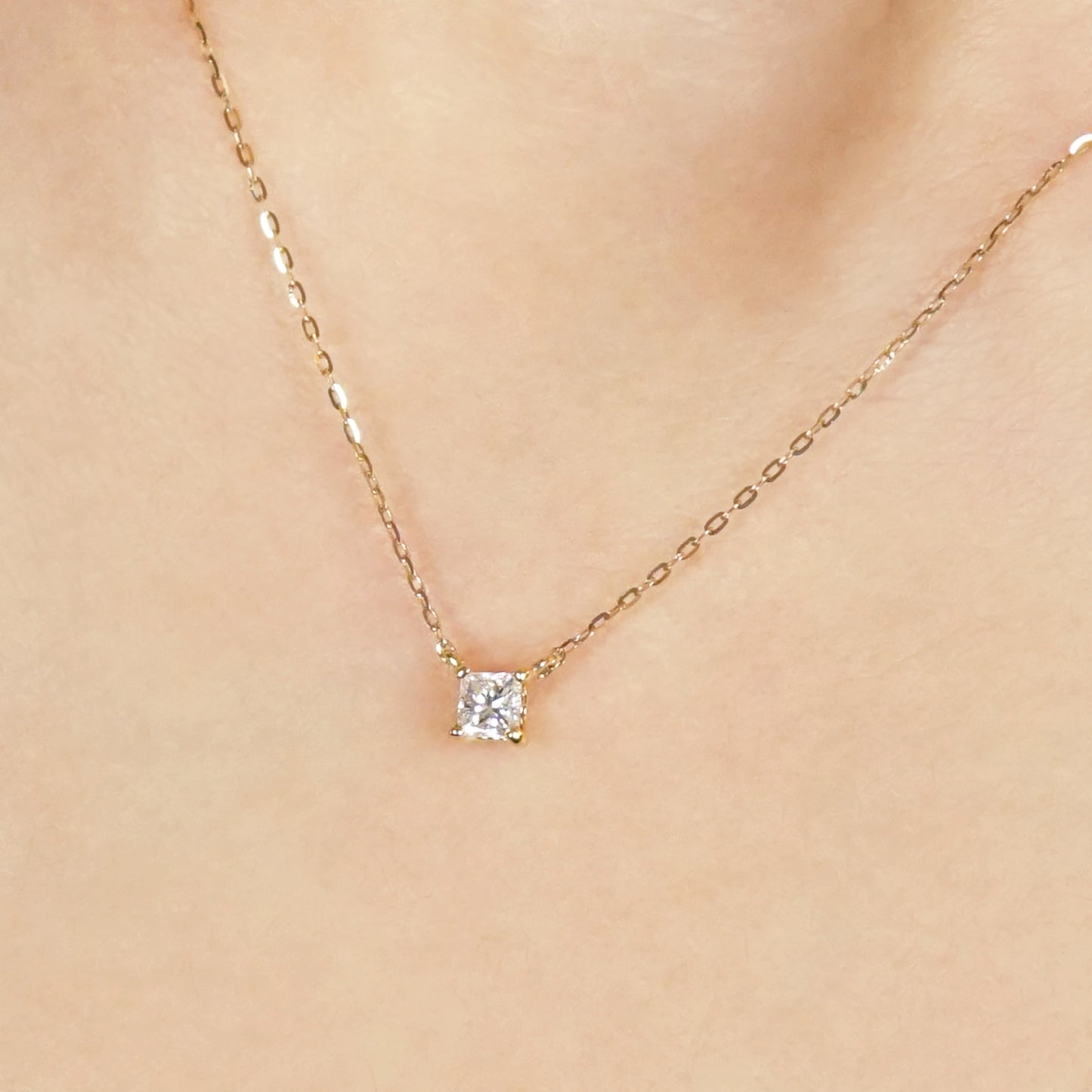 [Limited Quantity] 10K Princess Cut Diamond Solitaire Necklace (Yellow Gold) - Model Image