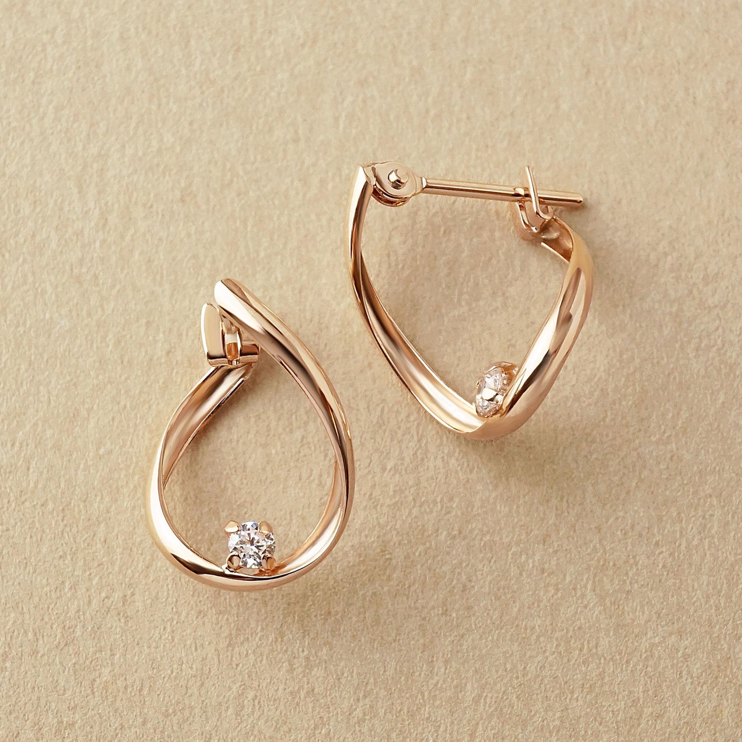 10K Cubic Zirconia Twisted Hoop Earrings (Rose Gold) - Product Image