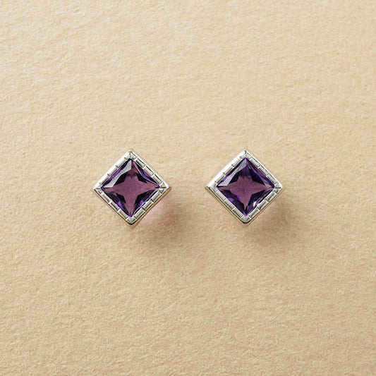 [Second Earrings] Platinum Amethyst Square Cut Earrings - Product Image