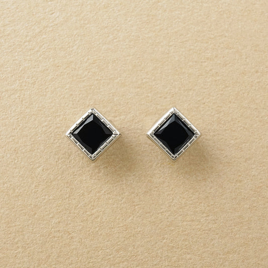 [Second Earrings] Platinum Onyx Square Cut Earrings - Product Image