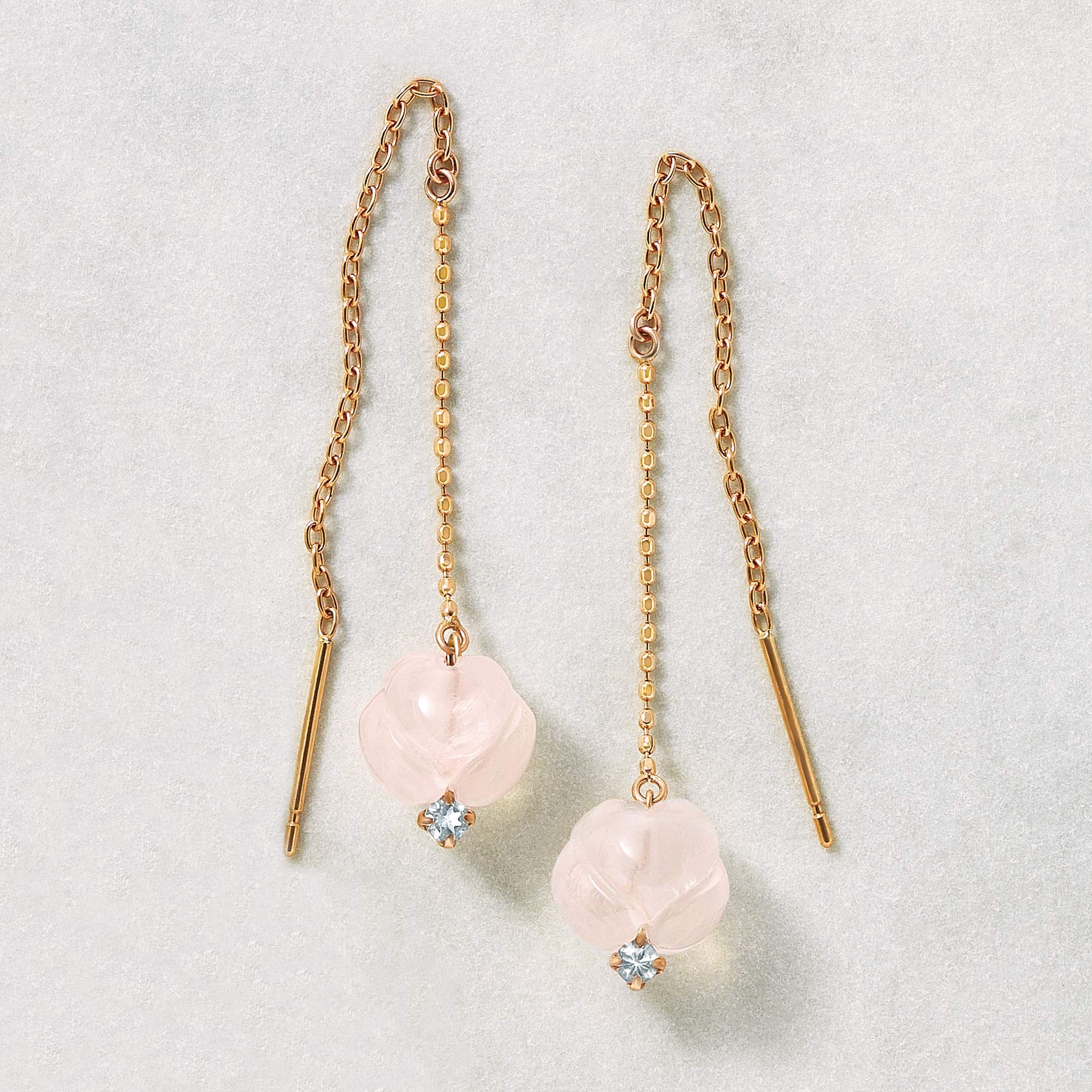 18K/10K Rose Quartz Threader Earrings [Peony] (Rose Gold) - Product Image