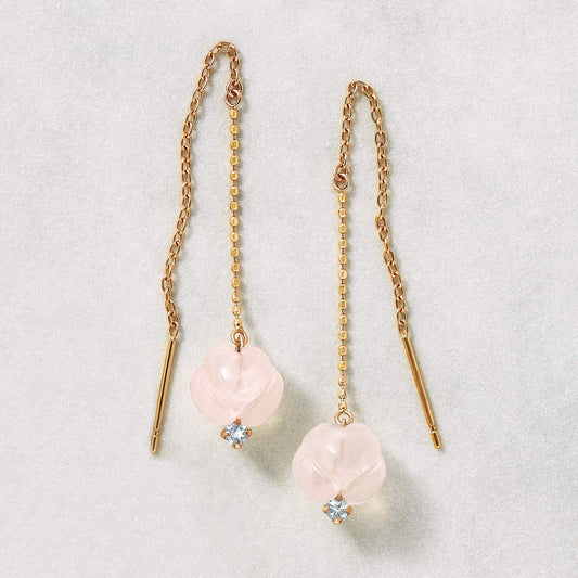 18K/10K Rose Quartz Threader Earrings [Peony] (Rose Gold) - Product Image