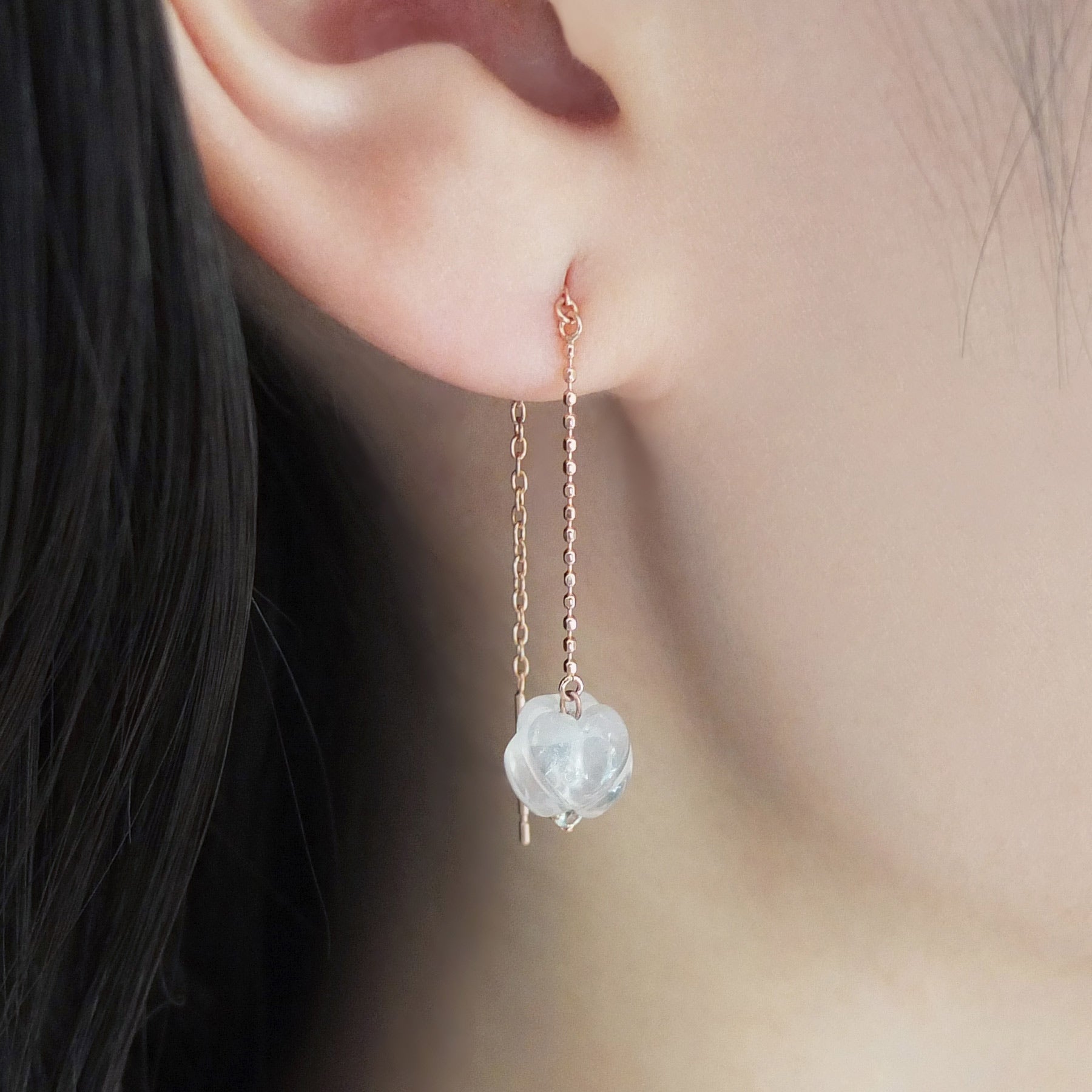 18K/10K Rose Quartz Threader Earrings [Peony] (Rose Gold) - Model Image