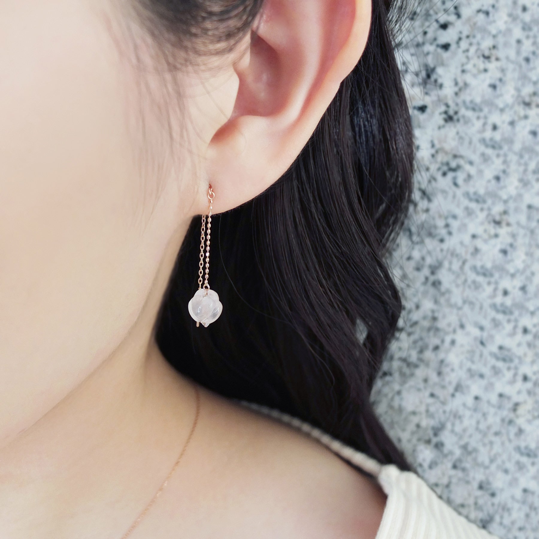 18K/10K Rose Quartz Threader Earrings [Peony] (Rose Gold) - Model Image