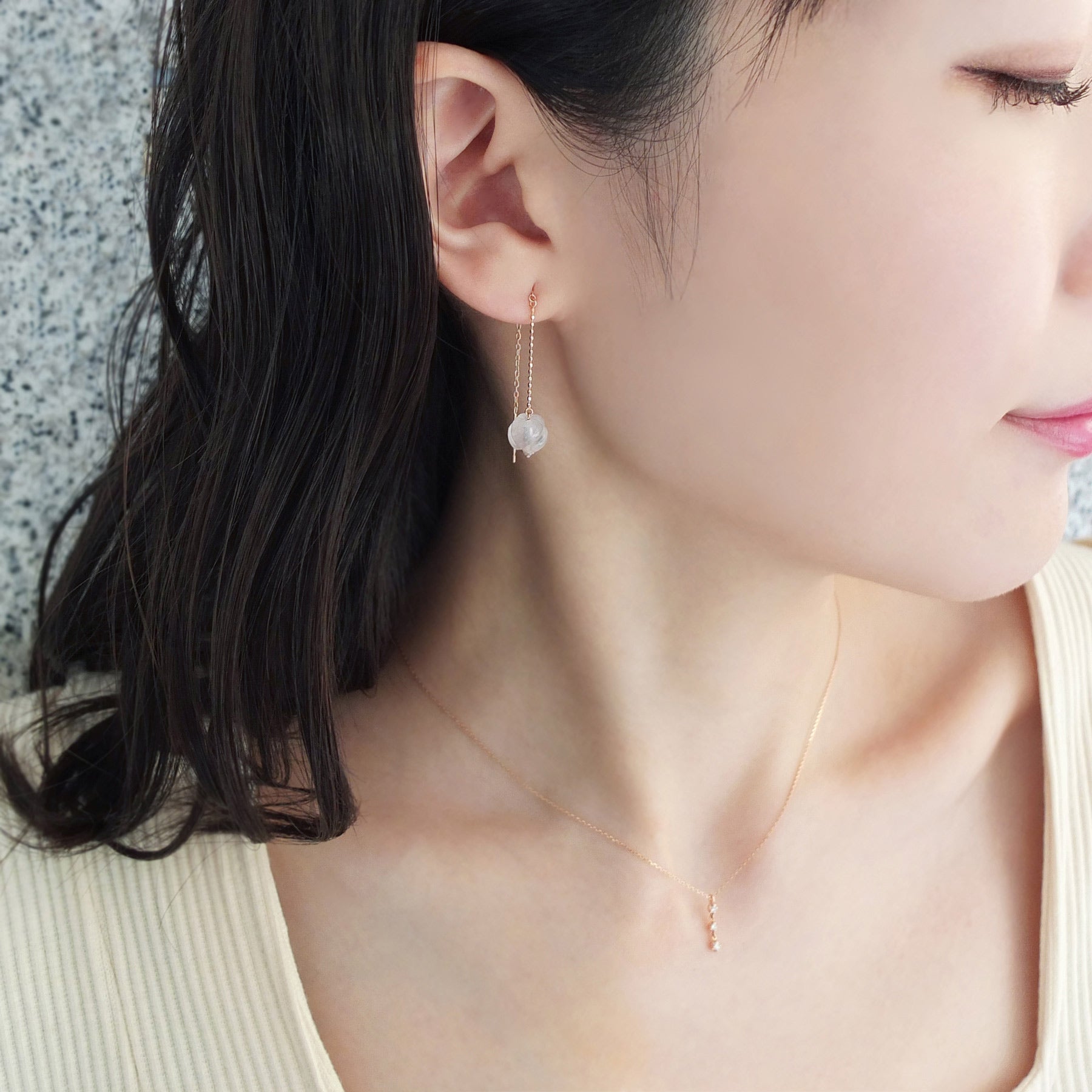 18K/10K Rose Quartz Threader Earrings [Peony] (Rose Gold) - Model Image