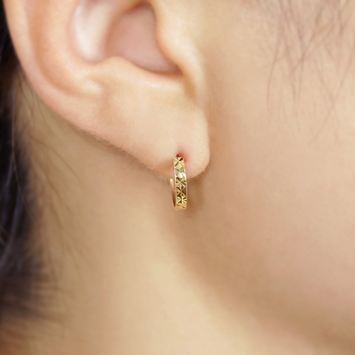 18K Flower Cut Hoop Earrings (Yellow Gold) - Model Image