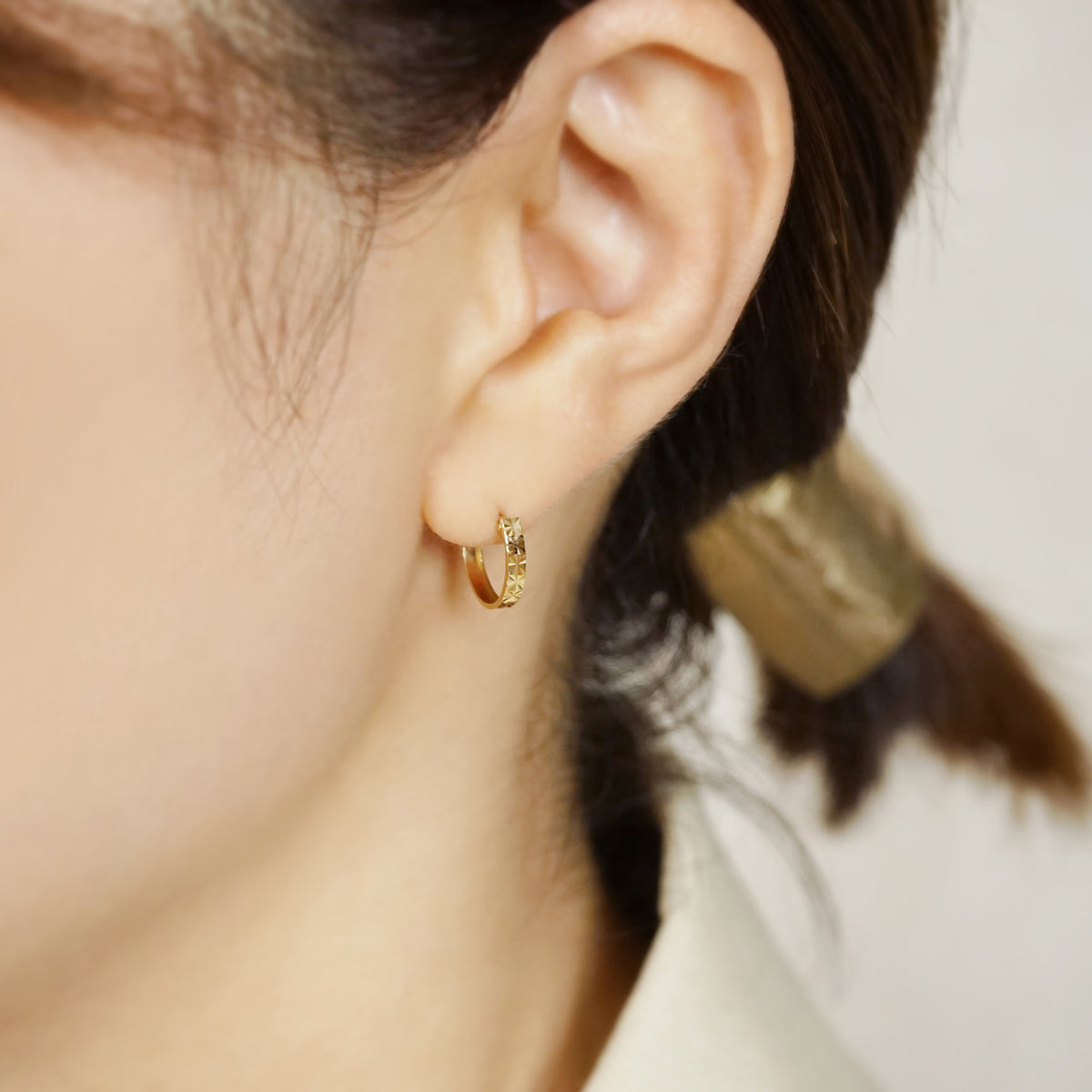 18K Flower Cut Hoop Earrings (Yellow Gold) - Model Image