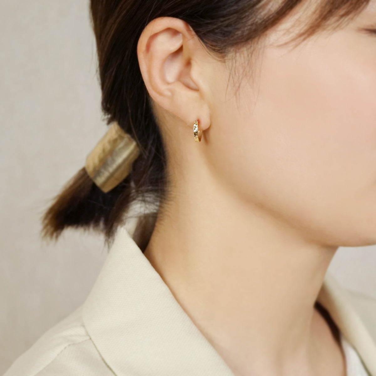 18K Flower Cut Hoop Earrings (Yellow Gold) - Model Image