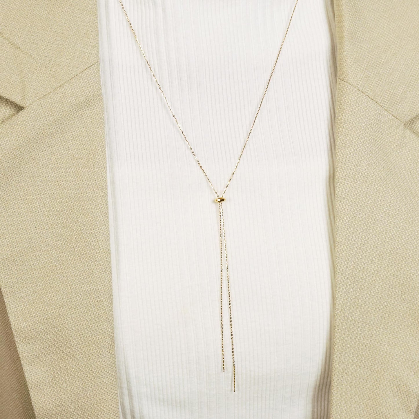 18K/10K Mirror Ball Long Lariat Necklace (Yellow Gold) - Model Image