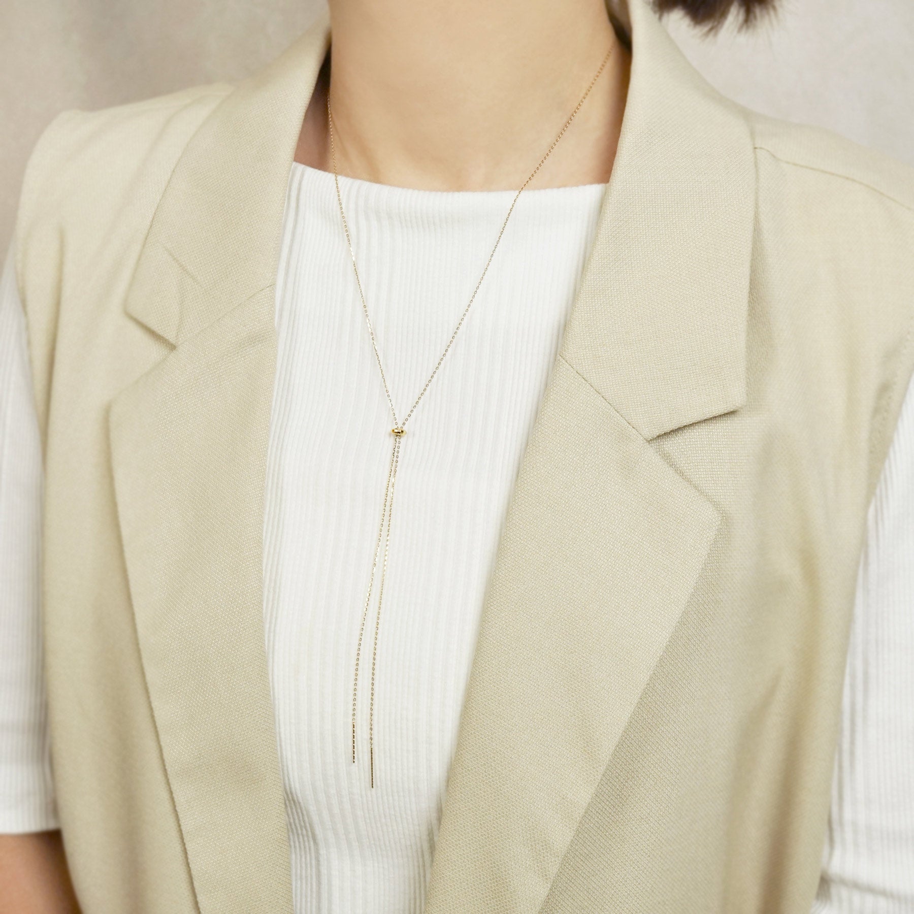 18K/10K Mirror Ball Long Lariat Necklace (Yellow Gold) - Model Image