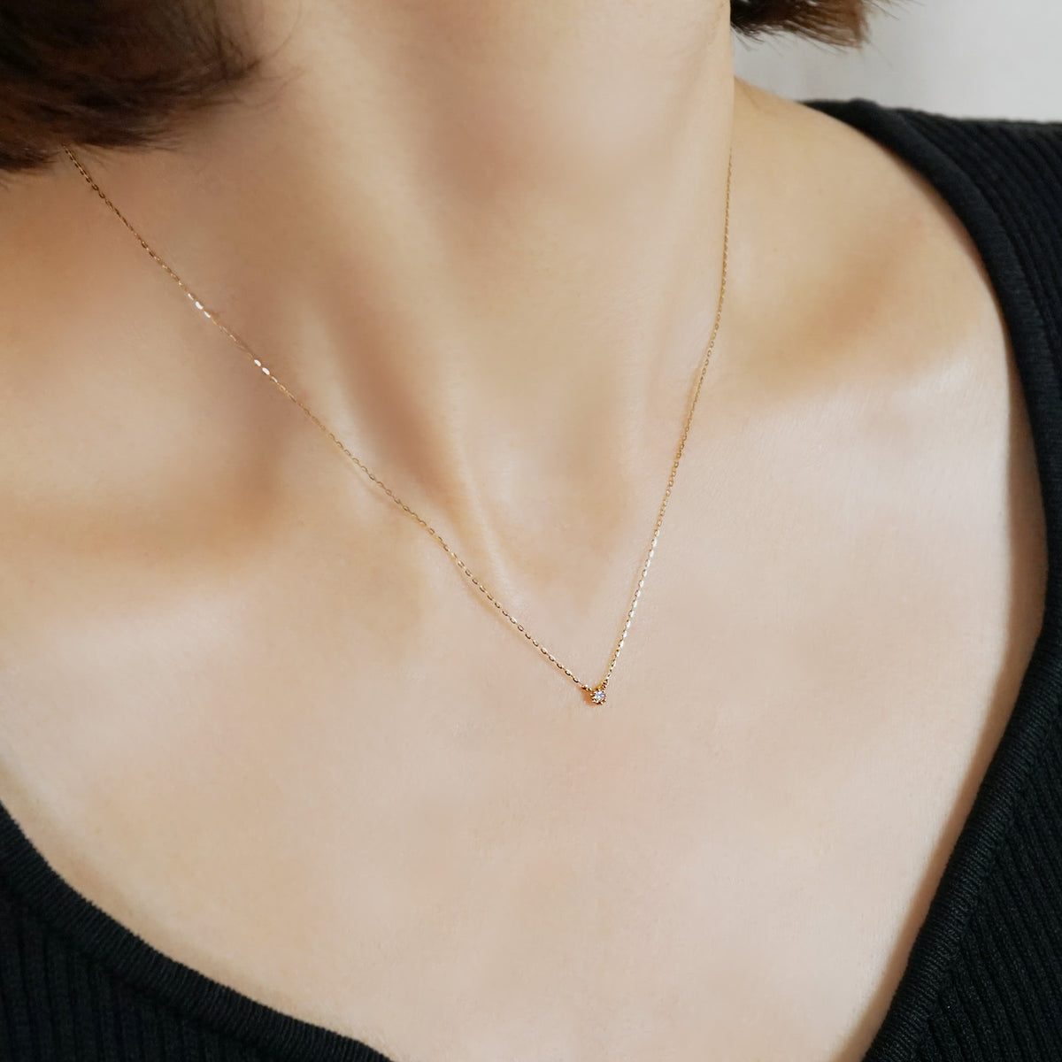 10K Diamond Petit Solitaire Necklace (Yellow Gold) - Model Image