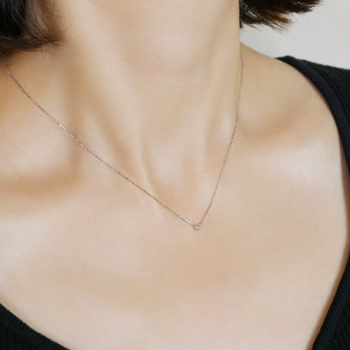 10K Diamond Petit Solitaire Necklace (White Gold) - Model Image