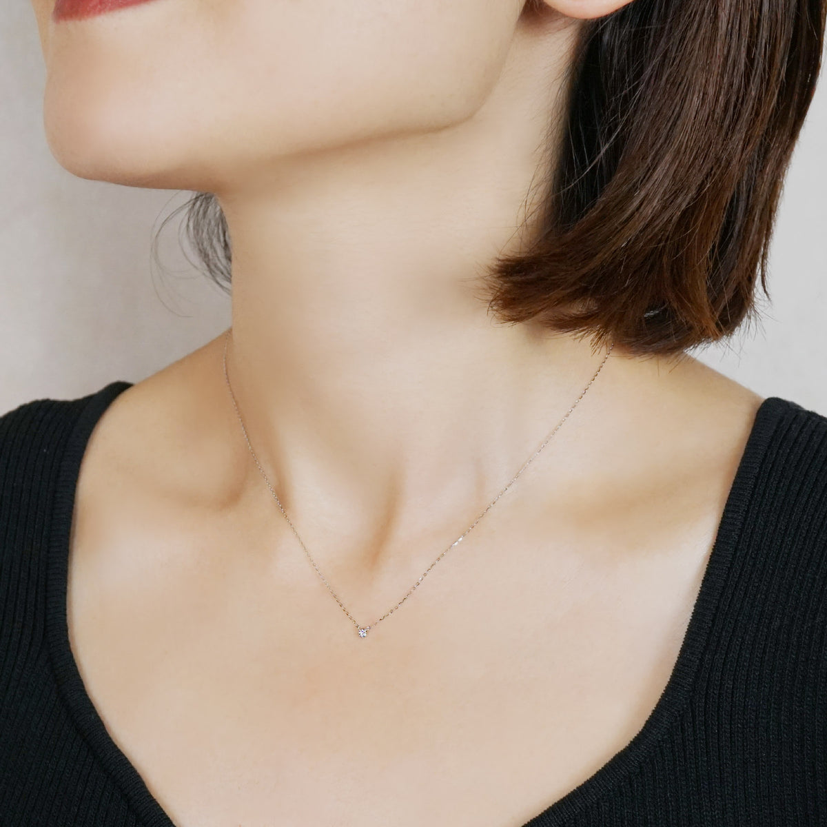 10K Diamond Petit Solitaire Necklace (White Gold) - Model Image