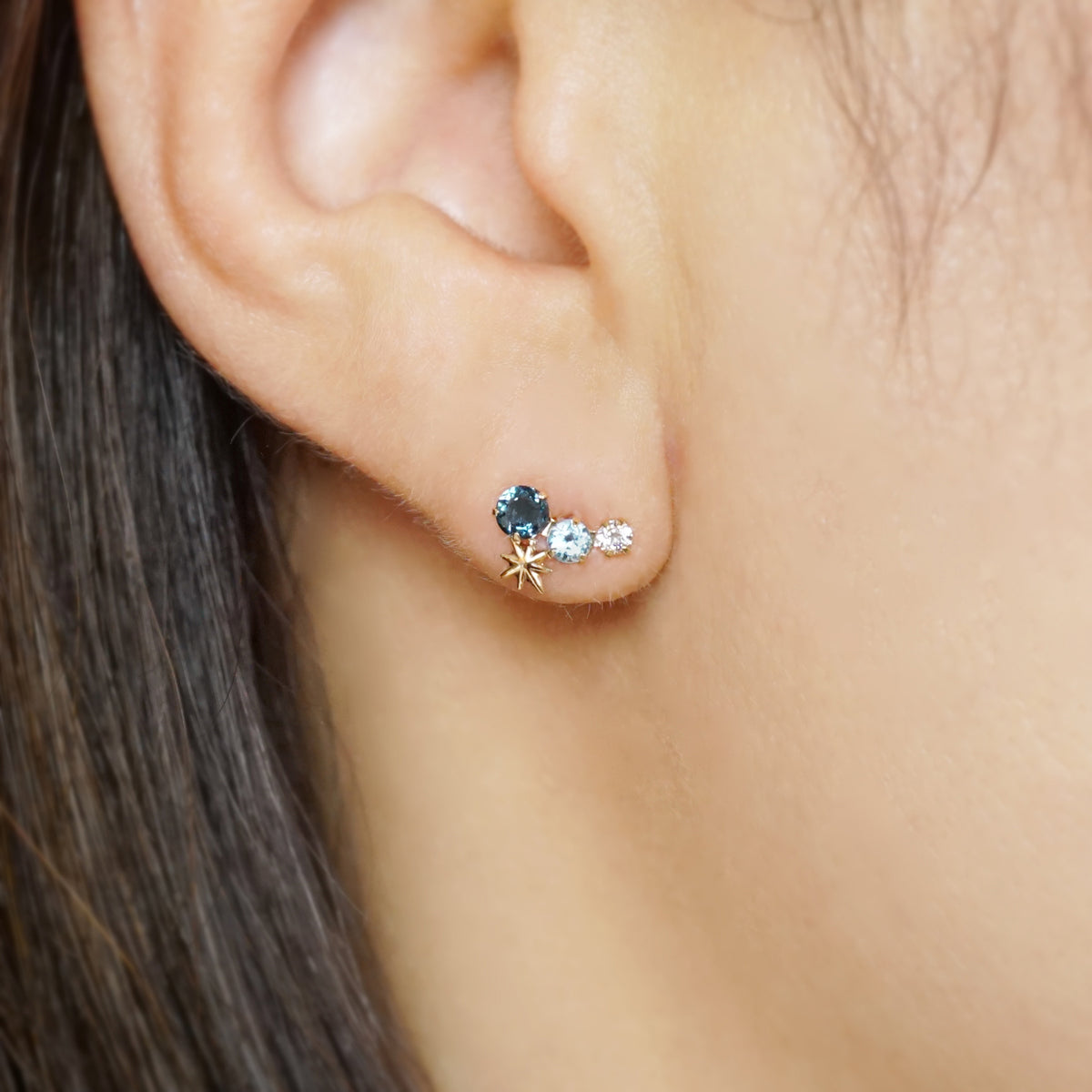 [Debut] 10K Blue Topaz Earrings [Curtain Up] (Yellow Gold) - Model Image