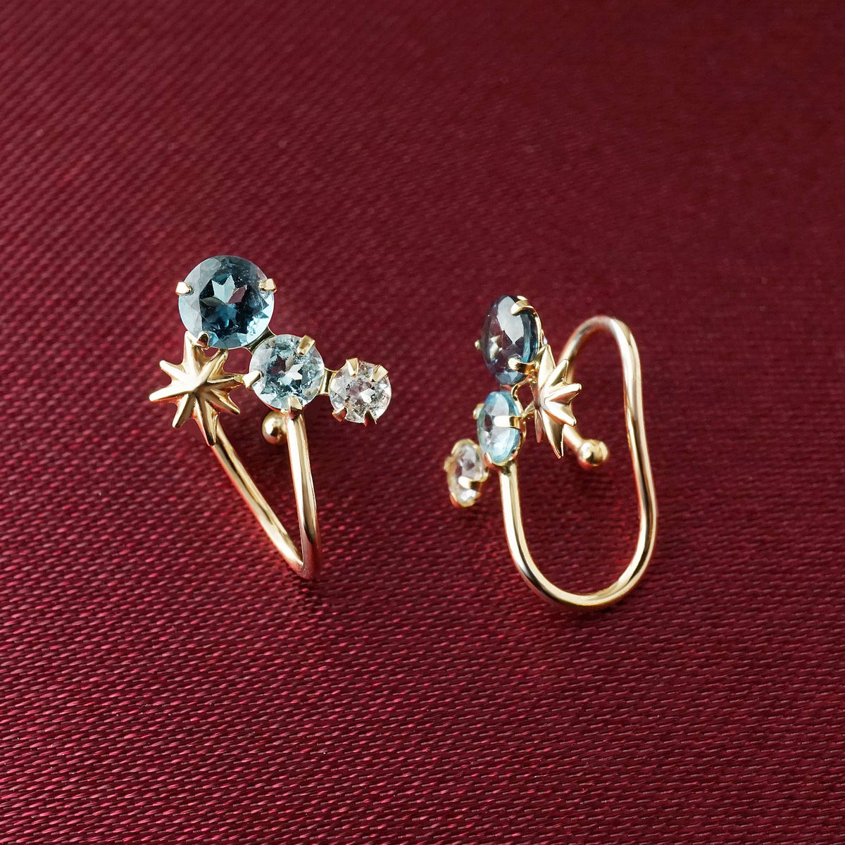 [Debut] 10K Blue Topaz Clip-On Earrings [Curtain Up] (Yellow Gold) - Product Image