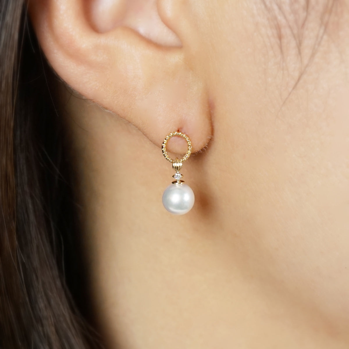 [Debut] 18K/10K Akoya Pearl Earrings [Perfume] (Yellow Gold) - Model Image