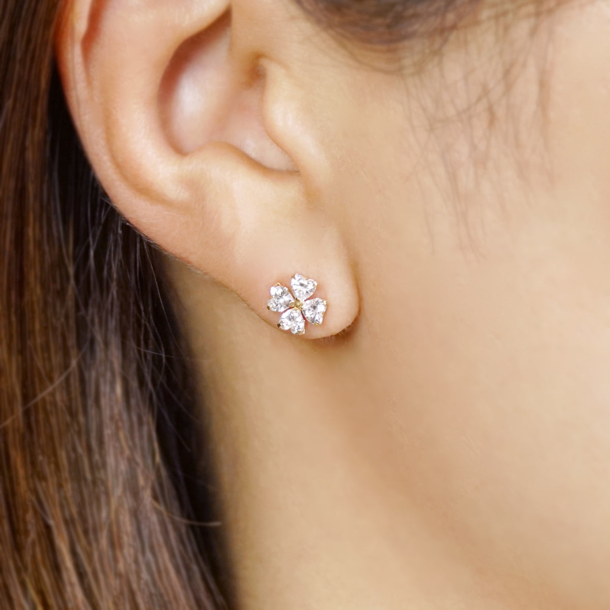 10K Four Leaf Clover Stud Earrings (Yellow Gold) - Model Image